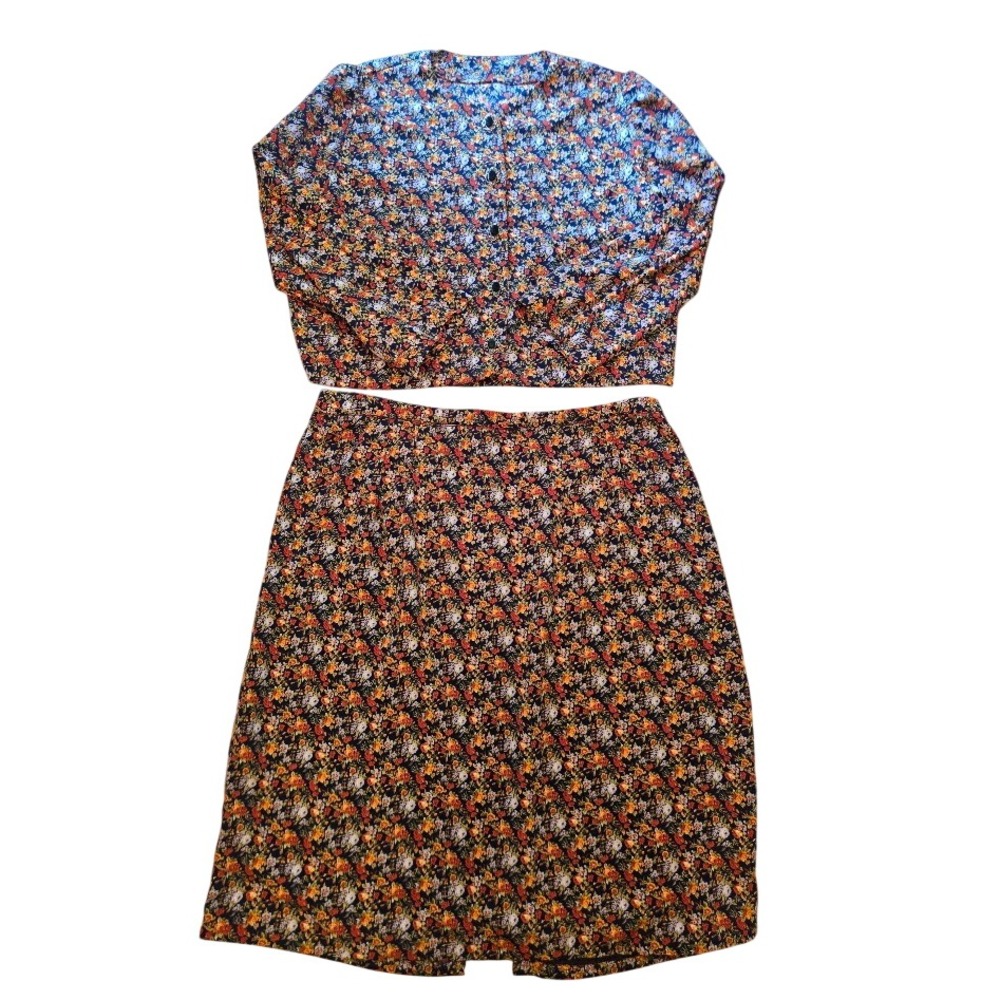 Vintage Ditsy Floral 2 Piece Skirt Set Long Sleeve Button Top Autumnal unsized